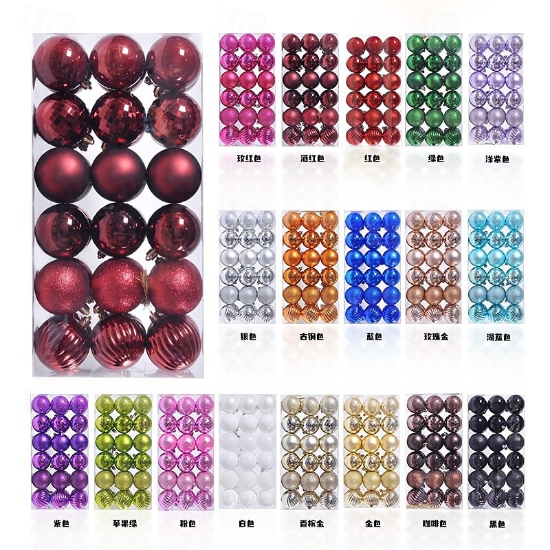 36pcs Christmas Baubles Ball Ornaments 3cm Xmas Decoration Plastic DIY Hanging Ornaments for Tree, Unique Shapes, Holiday Party Decor