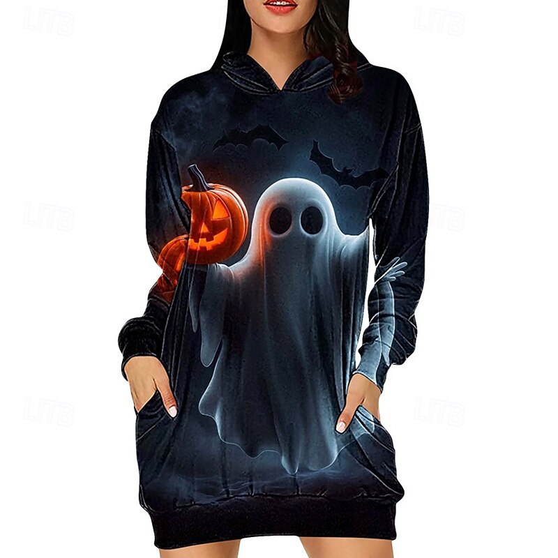 Women's Mini Dress Hoodie Dress Casual Dress Fashion Modern Outdoor Halloween Daily Regular Fit Pumpkin Ghost Long Sleeve Hooded Black gray Black Navy Blue Blue Summer Spring Fall3