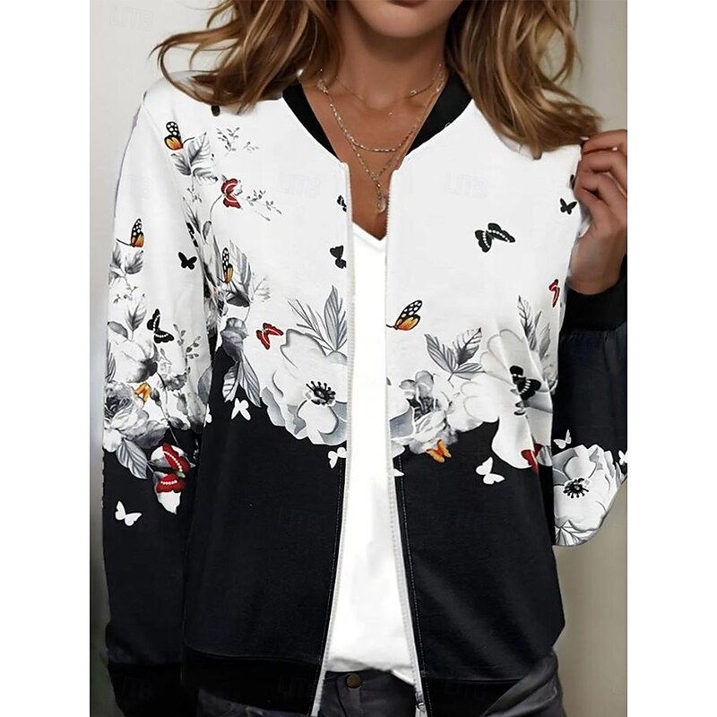 Women's Casual Jacket Warm Quick Dry Zipper Pocket Elegant Fashion Daily Simple Floral Vacation Casual Daily Holiday Regular Baseball Collar Regular Fit Long Sleeve Outerwear Black And White Blue