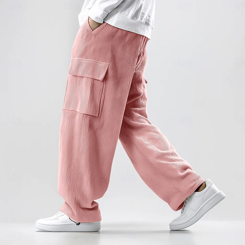 Men's Cargo Pants Sweatpants Joggers Corduroy Pants Trousers Drawstring Pocket Elastic Waist Solid Colored Comfort Full Length Outdoor Daily Running Vacation Ethnic Style Black Pink Stretchy4