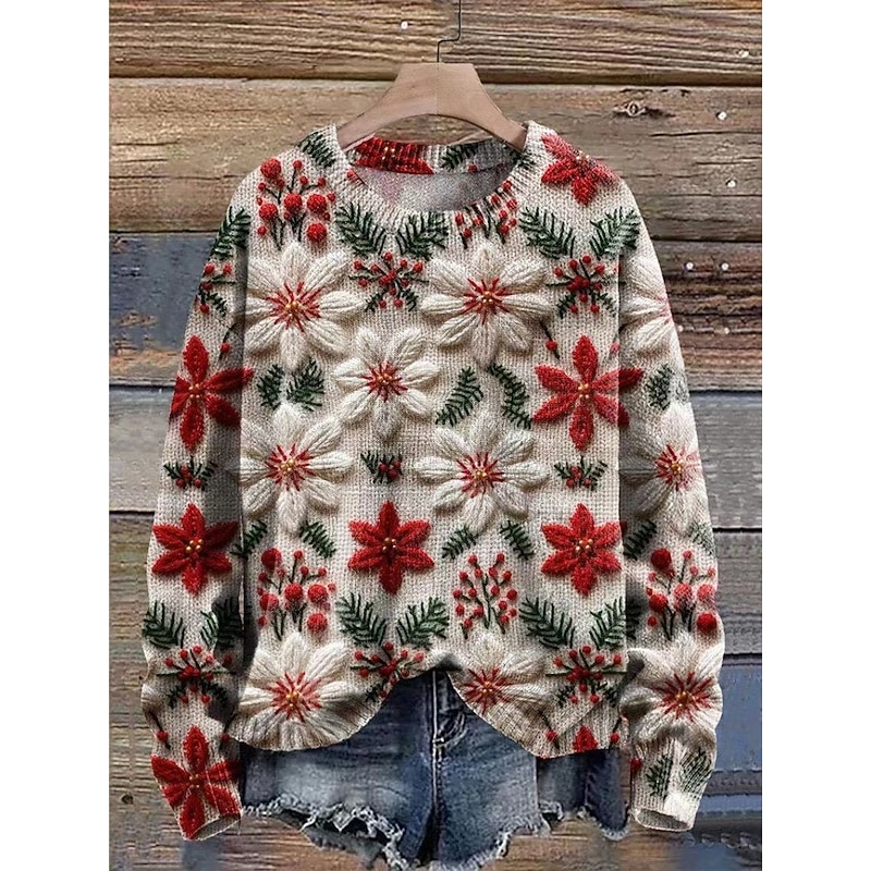 Women's Sweater Casual Soft Floral Graphic Ribbed Crew Neck Knitted Long Sleeve Regular Tops Knit Outdoor Daily Weekend White Green Fall Winter3