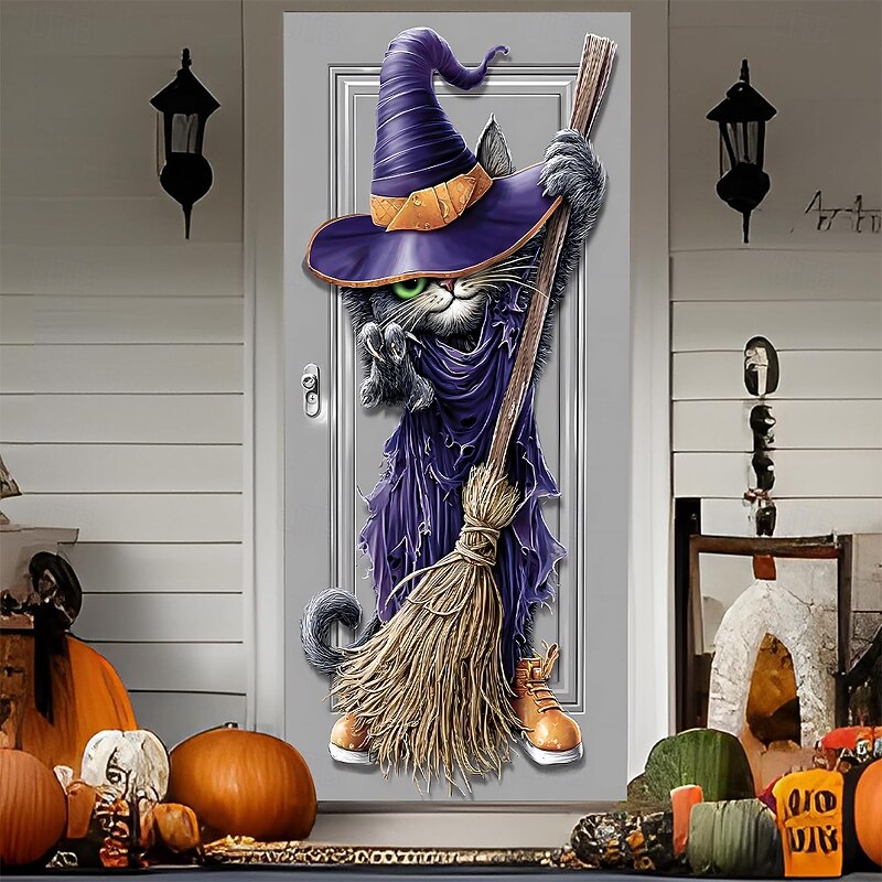 Halloween Door Cover Outdoor Banners Witch Cat 3D Dark Punk Gothic Style Party Outdoor Shooting Backgrounds Front Door Wall Porch Home Decor4