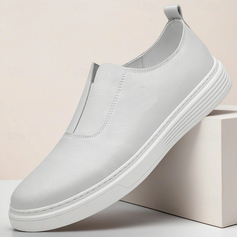 Men's White Slip - on Leather Shoes - Minimalist & Comfortable, Suitable for Busy Professionals in Office & Casual Settings