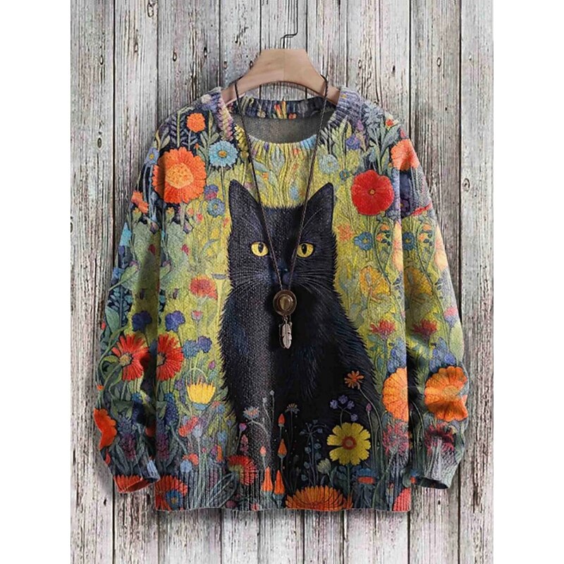 Women's Sweater Casual Soft Floral Animal Ribbed Crew Neck Knitted Print Long Sleeve Regular Tops Knit Outdoor Daily Weekend Black Army Green Fall Winter
