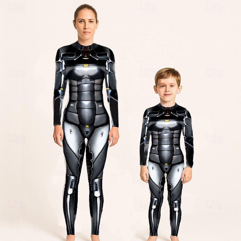Family Jumpsuit Halloween pattern Street Print Silver Black-1 Black Long Sleeve Matching Outfits