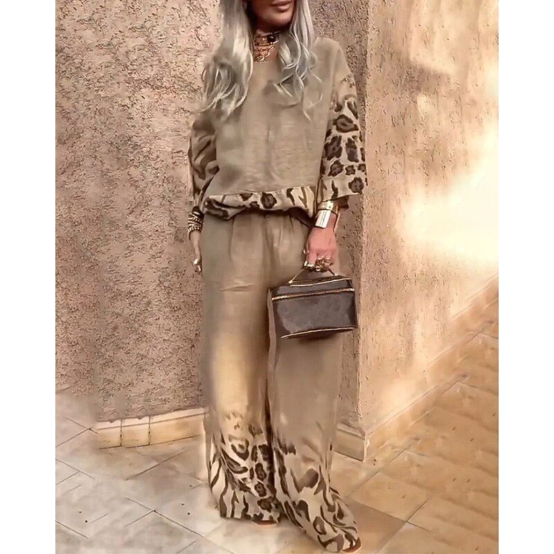 Women's Active Fashion Blouse Pants Sets Long Sleeve Crew Neck Leopard Patchwork Going out Weekend Black White Red Fall Regular Fit