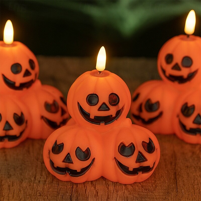 1 Pc 10.7 * 10.2CM Halloween three headed pumpkin LED electronic candle light indoor and outdoor restaurant bar funny atmosphere night light LR44 * 3 battery3