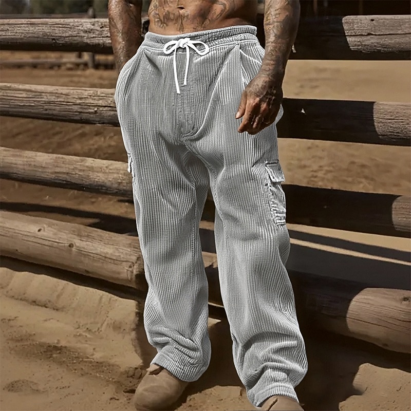 Men's Cargo Pants Corduroy Pants Trousers Drawstring Elastic Waist Multi Pocket Plain Wearable Outdoor Daily Camping & Hiking Fashion Classic Black Army Green