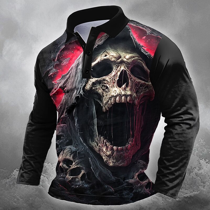 Day of the Dead Men's Skull Polo Long Sleeve Polo Shirts Lapel Casual Outdoor Street Athleisure 3D Print Buttons Spring Fall Winter Black  1 Black  2