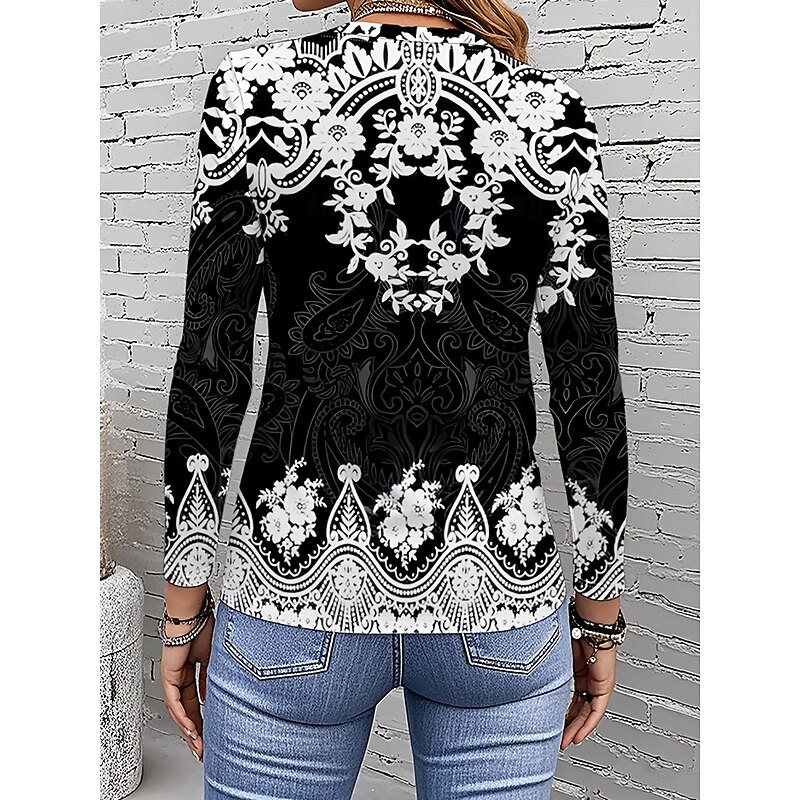 Women's T Shirt Graphic Geometric Tribal Vintage Stylish Classic Long Sleeve Crew Neck Round Neck Regular Tops Daily Print Black and White Spring Fall Winter3