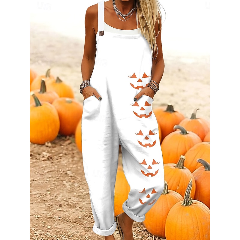 Halloween Women's Jumpsuit Active Graphic Sleeveless Sleeveless Wide Leg Pocket Buttons Vacation Halloween Loose Fit Black White Purple Summer2