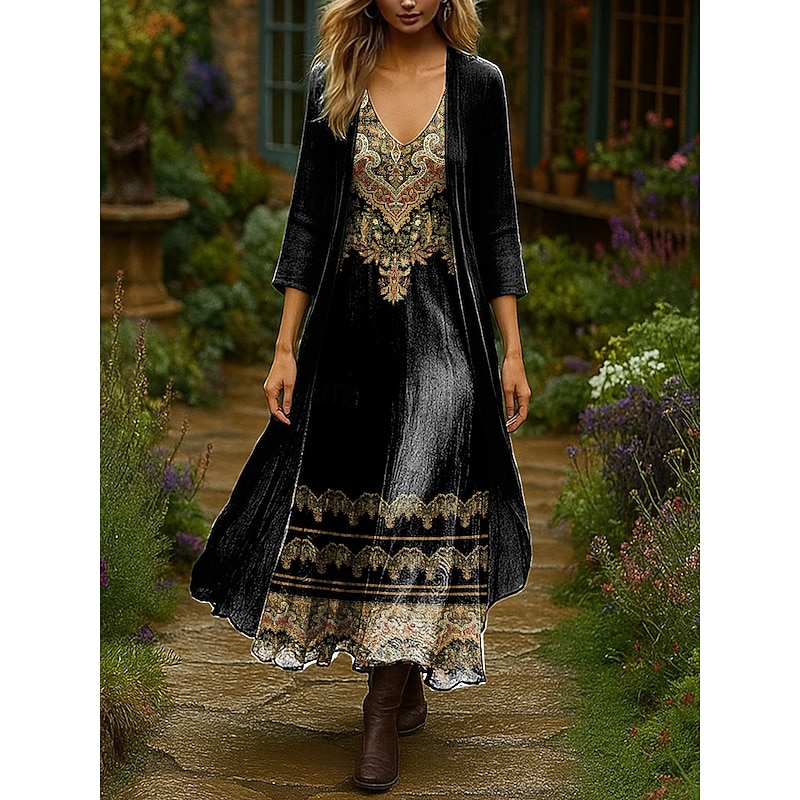 Women's Dress Set Maxi Dress A Line Dress Summer Dress Vacation Boho Ombre Floral Layered Print Maxi Dress 3/4 Length Sleeve V Neck Outdoor Daily Black Pink Orange Summer Spring Regular Fit3