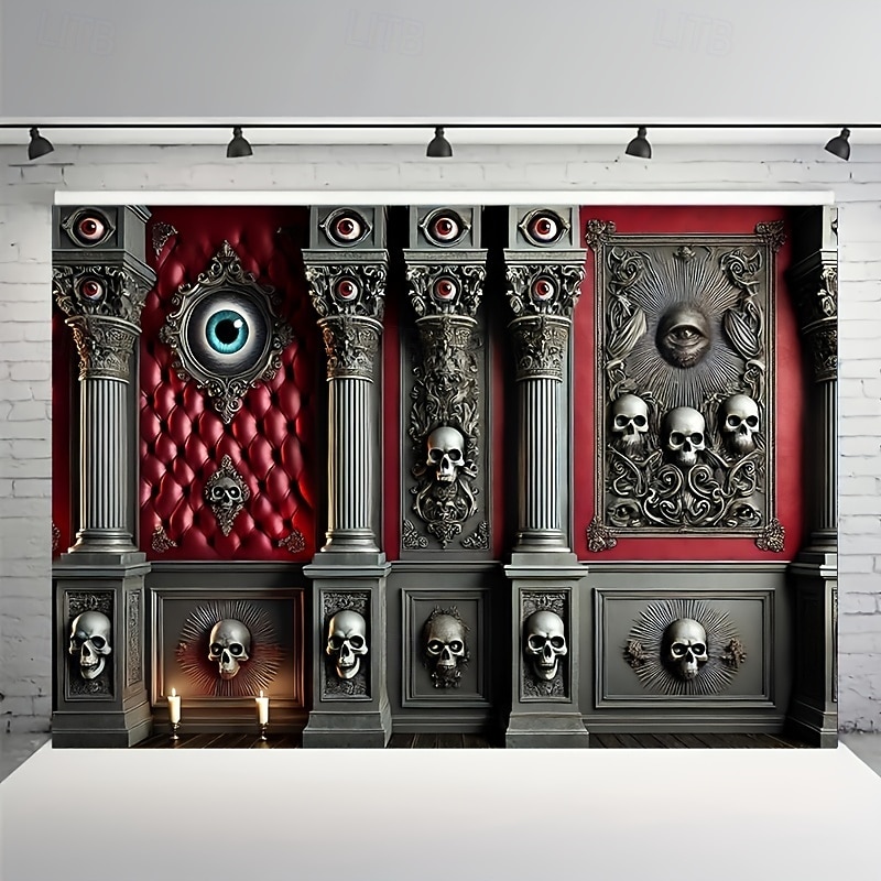 Gothic Skull Wall Tapestry – Haunted Castle Pillar Design with 3D Horror Elements, Halloween Backdrop Hanging for Bedroom or Gaming Room Decor