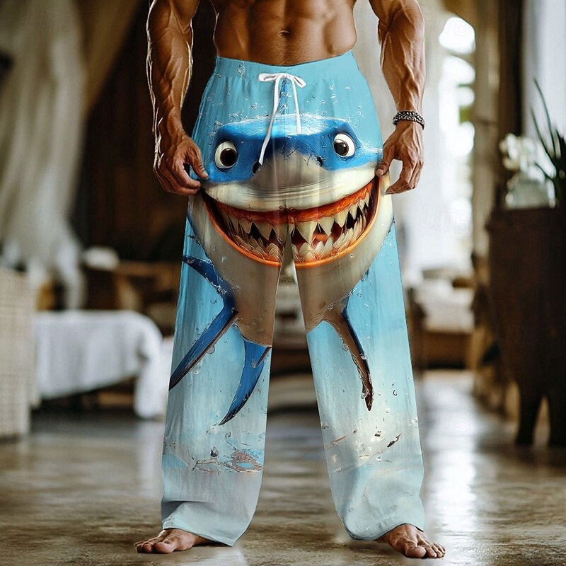 Men's Animal Shark Sea Creatures Trousers Baggy Pants Casual Pants Mid Waist Funny Outdoor Vacation Elastic Drawstring Waist Linen-Like Pants with Pockets Spring Fall 3D Print Light Blue Blue 1 Blue3