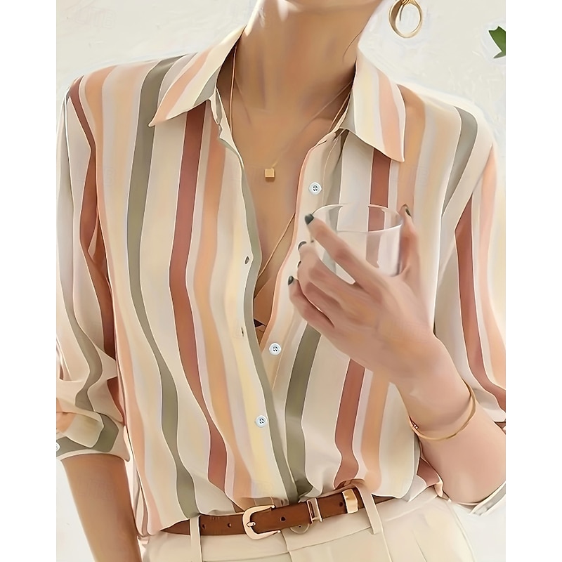 Women's Shirt Blouse Striped Modern Casual Long Sleeve Shirt Collar Regular Tops Daily Holiday Going out Print Purple Brown Fall3