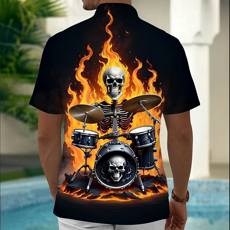 Halloween Men's Skull Flame Halloween Costumes Shirt Button Up Shirt Short Sleeve Dark Gothic Style Holiday Summer Spring Turndown 3D Print Collared Shirts Front One Pocket Black2