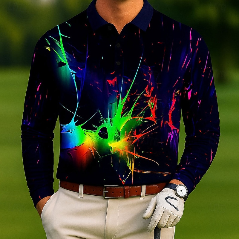 Men's Abstract Geometic Polo Long Sleeve Polo Shirts Lapel Casual Outdoor Athleisure Daily Wear 3D Print Buttons Spring Fall Winter Black  1 Black  2 Black