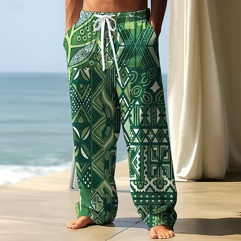 Men's Geometric Ethnic Trousers Baggy Pants Casual Pants Mid Waist Vintage Retro Outdoor Vacation Streetwear Elastic Drawstring Waist Linen-Like Pants with Pockets Spring Fall 3D Print Brown Green3