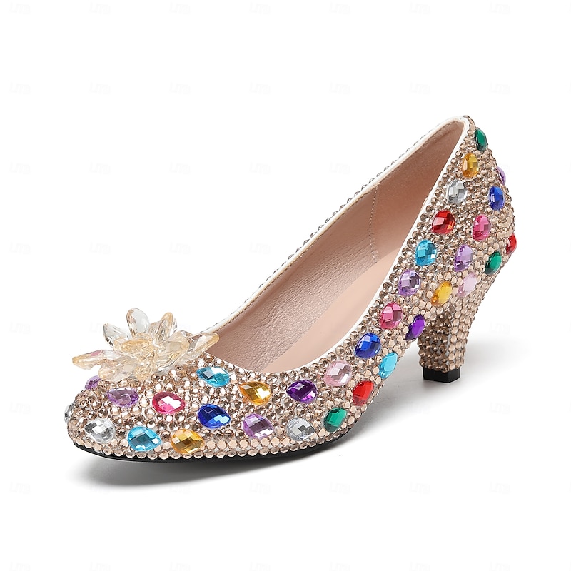 Women's Colorful Rhinestone Mid Heel Pumps – Crystal Embellished Pointed Toe Dress Shoes for Wedding, Prom, and Party Events