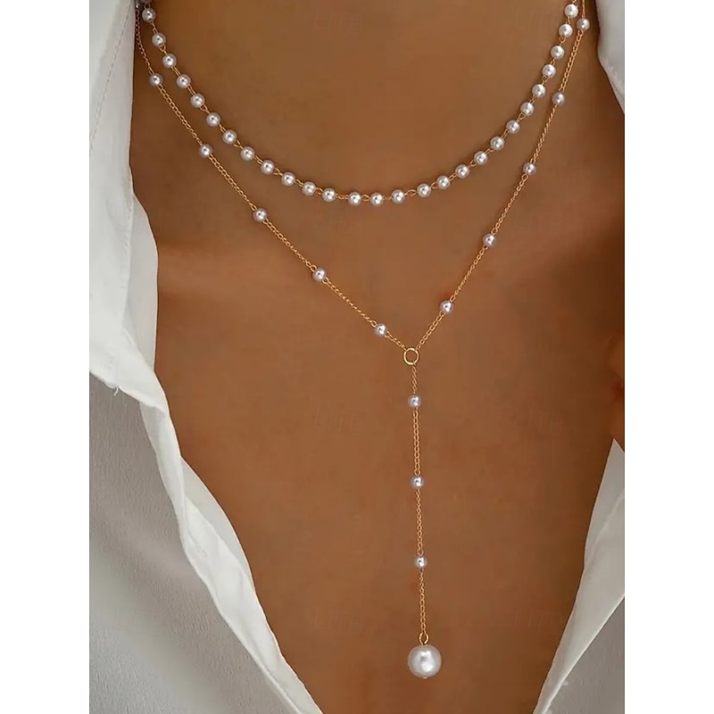 Women's Layered Pearl Pendant Necklace – Elegant Gold-Tone Alloy Chain with Imitation Pearl Accents for Formal Events, Weddings and Evening Parties2