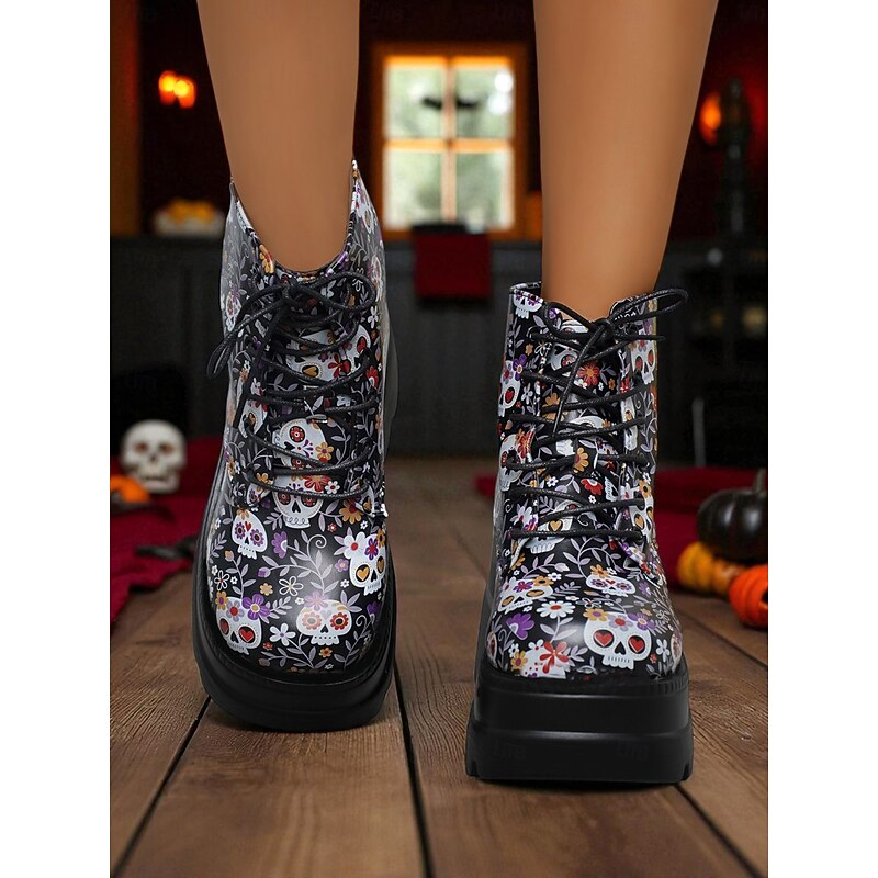 Women's Black Platform Skull Lace-Up Boots - Halloween Chunky Sole Gothic Ankle Boots for Fall Parties, Cosplay and Day of the Dead3