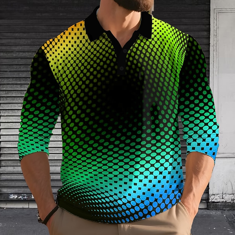 Men's Geometric Abstract Polo Long Sleeve Polo Shirts Lapel Casual Outdoor Street Athleisure Daily Wear 3D Print Buttons Spring Fall Winter Red Green2