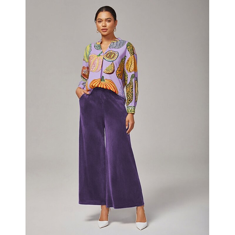 Women's Purple Pumpkin Print Pullover Shirt Loose Fit Drop Shoulder Stand Collar Inverted Pleat Stylish Elegant Daily Work Casual Fall4