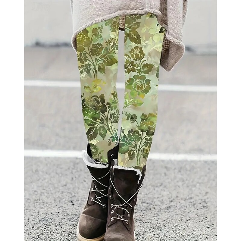 Women's Pants Trousers Leggings Cozy Leggings Streetwear Casual Full Length High Waist Floral Elastic Waist Print Breathability Comfortable Stretchy Vacation Street Daily Wear Orange Green Spring Fall4