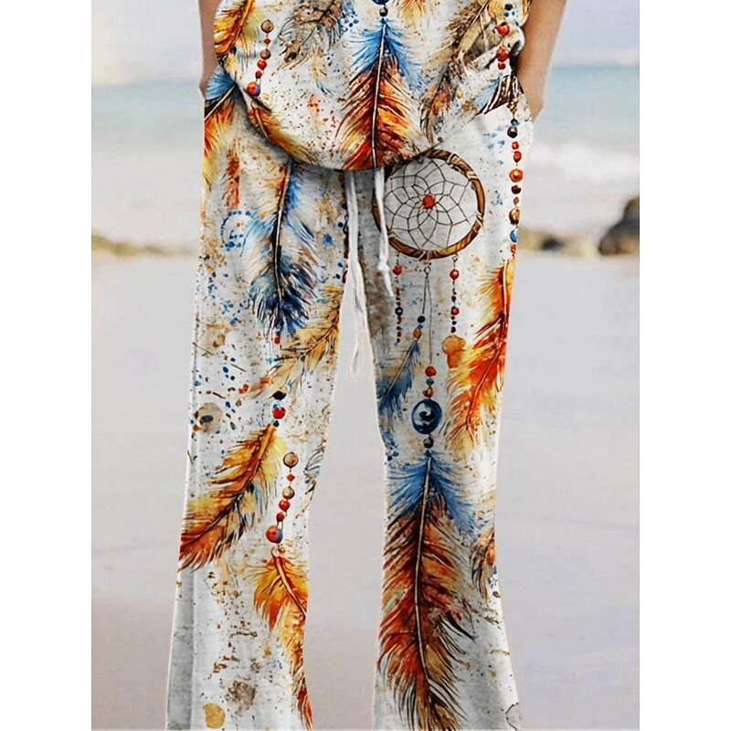 Women's Bohemia Vacation Pants Sets 3/4 Length Sleeve Crew Neck Graphic Print Vacation Daily Holiday Khaki Summer Regular Fit2