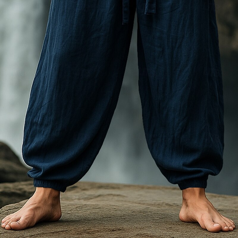 Men's Linen Pants Summer Pants Baggy Pants Elastic Cuff Plain Comfort Breathable Knee Length Outdoor Casual Daily Vacation Vintage Army Green Red Inelastic3