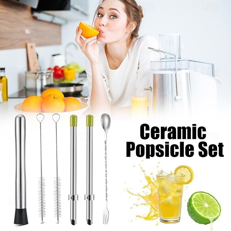 6 Pieces Professional Lemonade Stand Kit includes 2pcs of 304 stainless steel straw punch, 1 stainless steel muddler, 1 stirring spoon and 2 straw cleaning brushes for Lemonade Preparation3