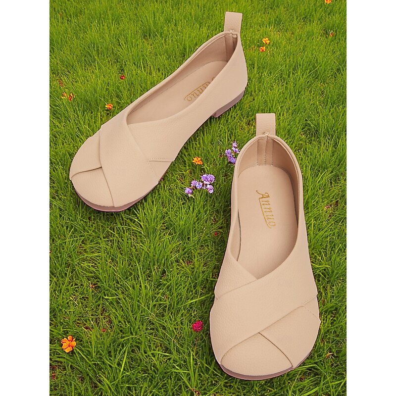 Women's Beige Cross Strap Wide Fit Flat Shoes – Soft Faux Leather Casual Slip-On Barefoot Flats for Office, Walking, Travel and Everyday Wear4