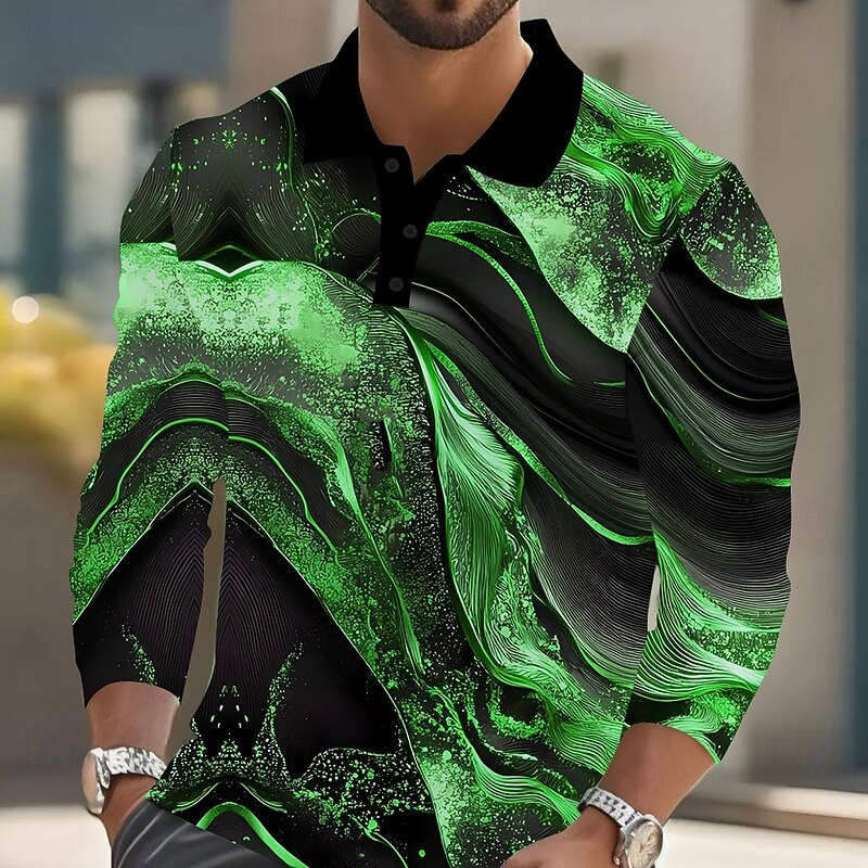 Men's Abstract Marble Polo Long Sleeve Polo Shirts Lapel Casual Street Athleisure Daily Wear 3D Print Buttons Spring Fall Winter Blue Gold Green4