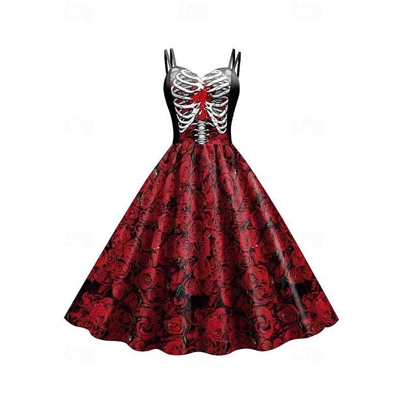 Halloween Women's Skulls Print Mini Dress A Line Dress Casual Daily Holiday Regular Fit Skull Sleeveless Spaghetti Strap Black White Wine Rusty Red Summer Spring Fall