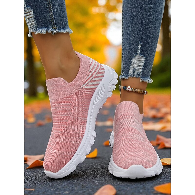 Women's Pink Flyknit Slip-On Sneakers with White Sole – Casual Lightweight Walking Shoes for Fitness, Travel and Everyday Wear2