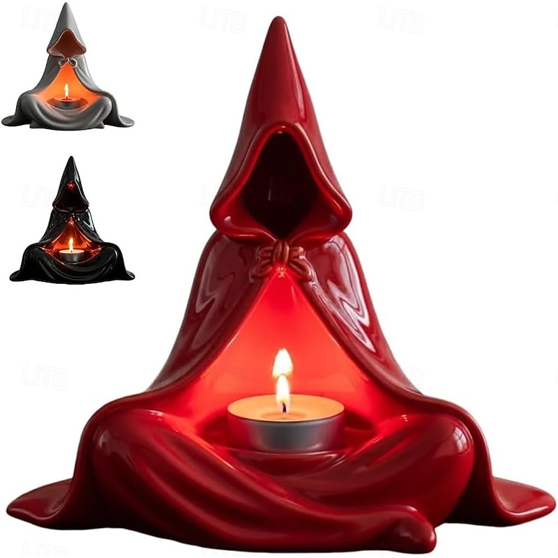 Halloween Hooded Cloak Ghost Tea Light Candle Holders Mystic Wizard Candle Holder Wizard Candlestick Small Ornament Suitable for Home Bar and Festival Celebration