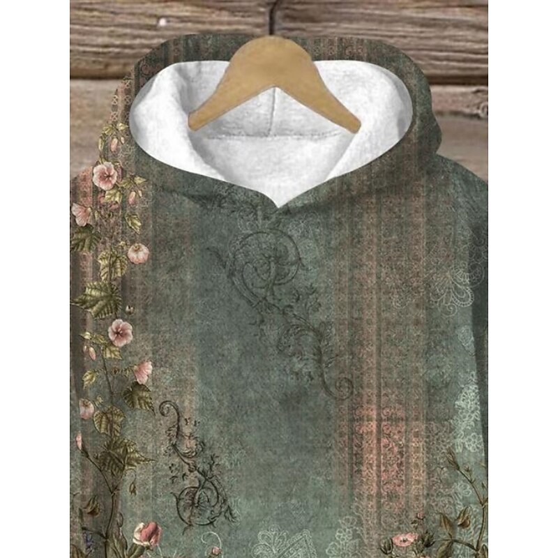 Women's Pullover Hoodie Sweatshirt Floral Streetwear Casual Long Sleeve Hooded Regular Tops Street Holiday Pocket Print Wine Green Fall Winter2