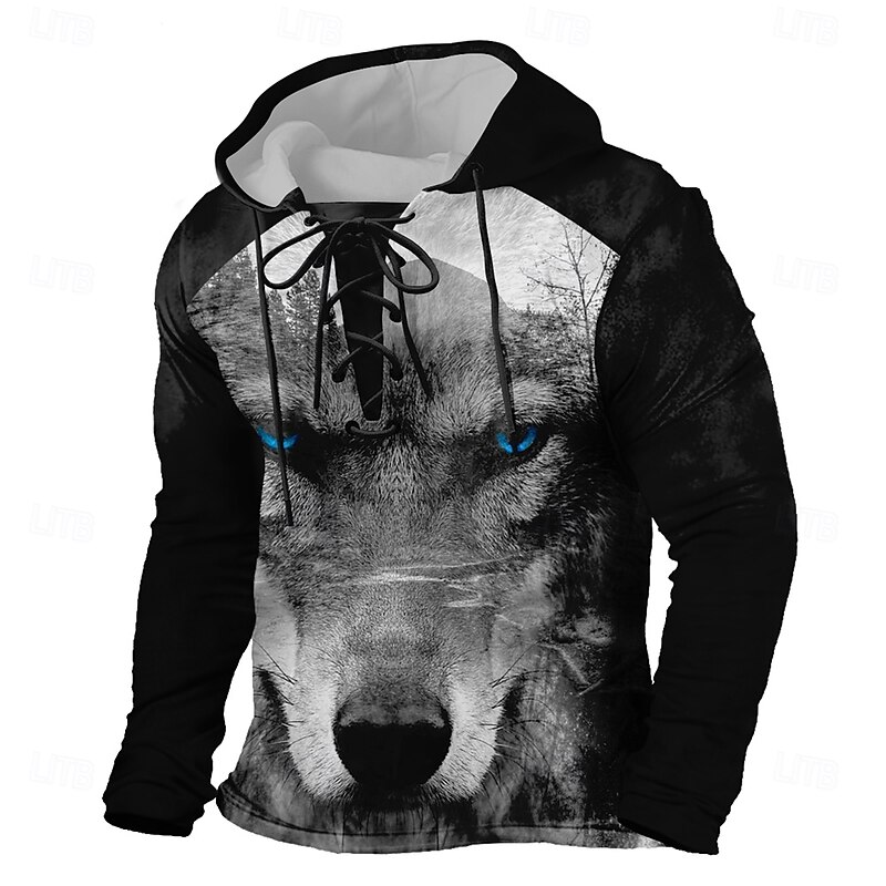 Men's Wolf 3D Hoodies Stylish Casual Long Sleeve Hooded Holiday Streetwear Black Brown Drawstring Graphic Fall Winter Designer