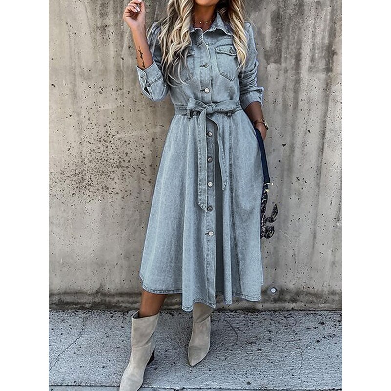 Women's Denim Dress Shirt Dress Midi Dress Date Vacation Denim Basic Modern Shirt Collar Button Pocket Long Sleeve Summer Spring Regular Fit Plain2