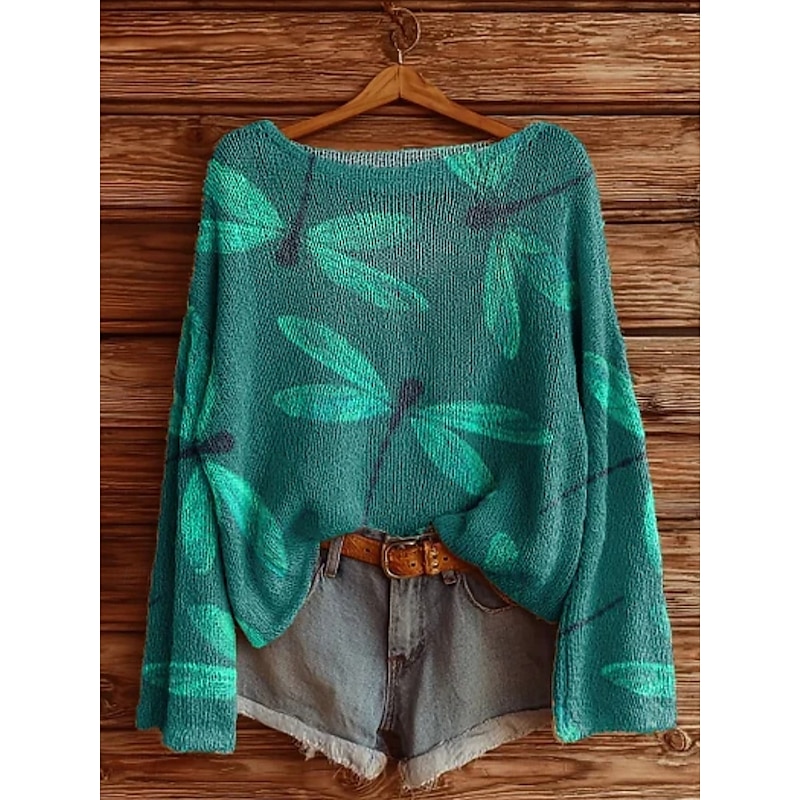 Women's Sweater Casual Soft Dragonfly Stylish Modern Long Sleeve Crew Neck Regular Tops Daily Holiday Print Blue Green Rainbow Apricot Spring Fall Winter