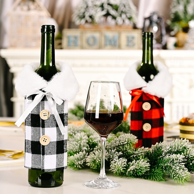 2Pcs Christmas Bottle Covers Plaid Wine , Red and Black Checkered Collar Style Wine Bottle Sleeves, Holiday Bottle Decoration4