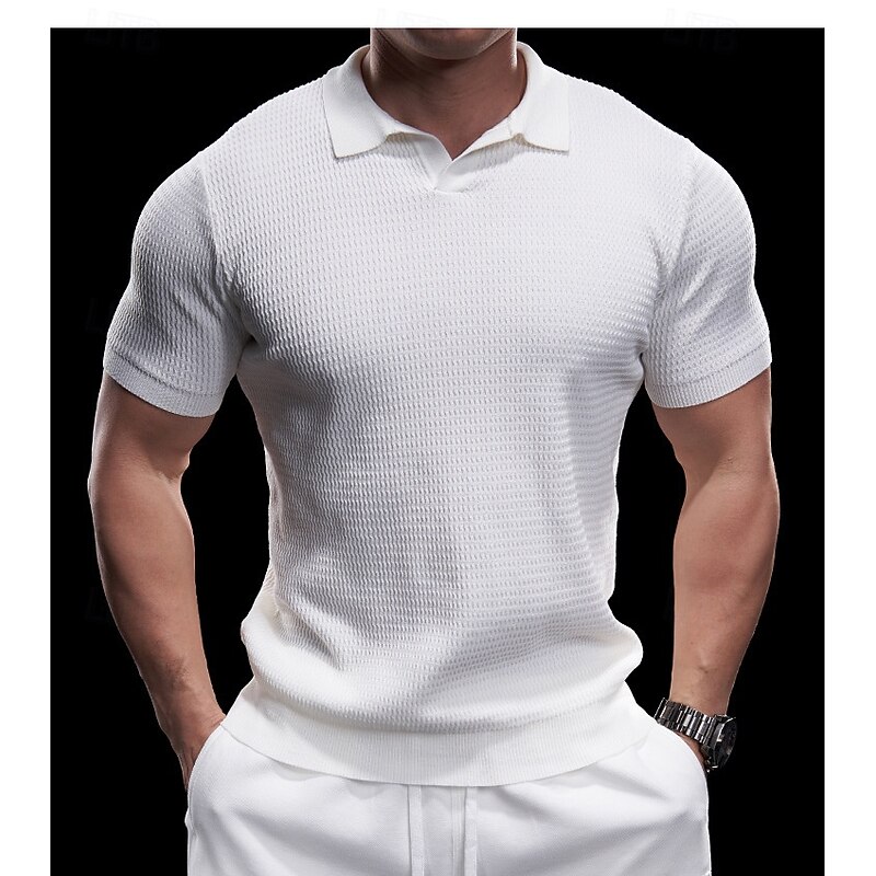 Men's Knit Polo Sweater Golf Shirt Business Casual V Neck Classic Short Sleeve Fashion Textured Novelty Summer Spring Fall Dark Brown Army Green Black White Beige Knit Polo Sweater4