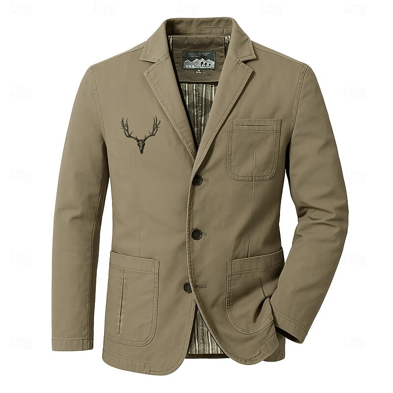 Men's Reindeer Blazer Cotton Suit Jacket Suits Coat Casual Outdoor Dailywear Multiple Pockets Three Button Stripe Lined Suit Jacket Fall Winter Notch lapel collar Long Sleeve Black khaki Army Green3