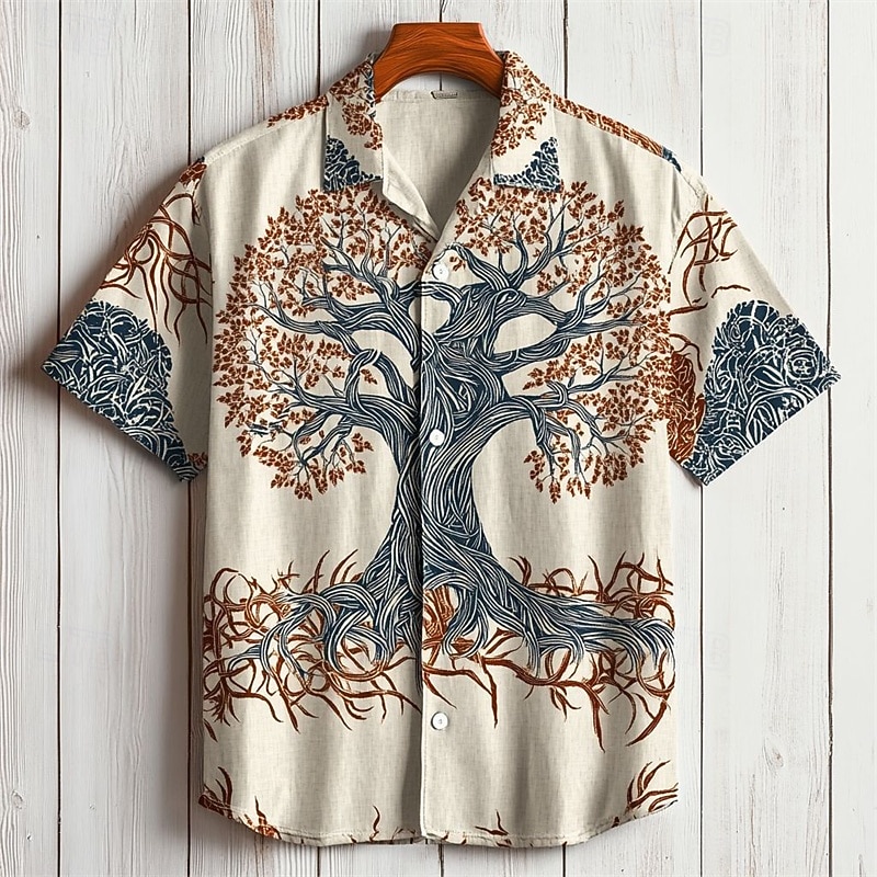 Men's Tree Of Life Shirt Summer Shirt Casual Shirt Short Sleeves Hawaiian Casual Resort Vacation Daily Wear Going out Summer Lapel Print Dark Brown Brown Khaki2