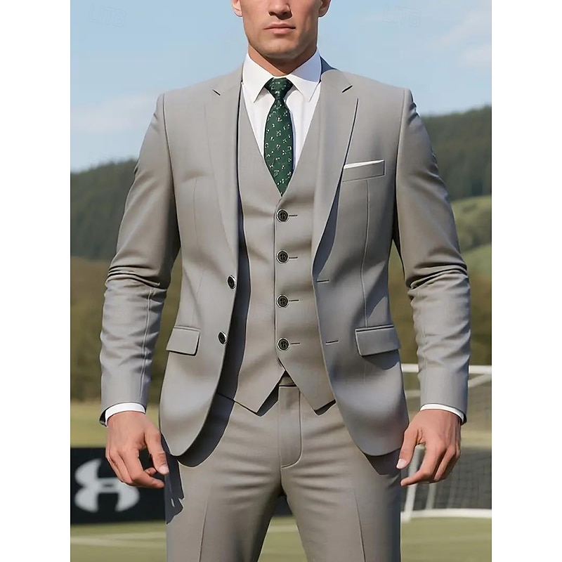 Men's Wedding Business Party Suits Notch Lapel Grey Formal Solid Colored Slim Fit 3 Piece Single Breasted Two-buttons2