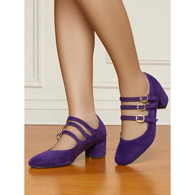 Women's Purple Suede Triple Strap Mary Jane Heels - Retro Chic City Shoes for Casual Outings, Work and Daily Commutes