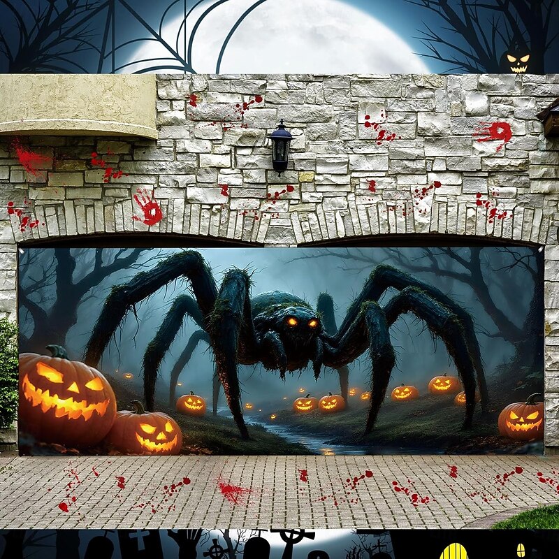 Halloween Garage Door Cover Large Hanging Backdrop Spider 3D Fantasy Dark Punk Gothic Style Party Outdoor Shooting Backgrounds Yard Haunted House Home Decor2
