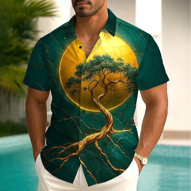 Men's Tree Of Life Shirt Summer Shirt Button Up Shirt Short Sleeve Vintage Retro Outdoor Vacation Dailywear Summer Spring Turndown 3D Print Collared Shirts Front One Pocket Dark Green Gray