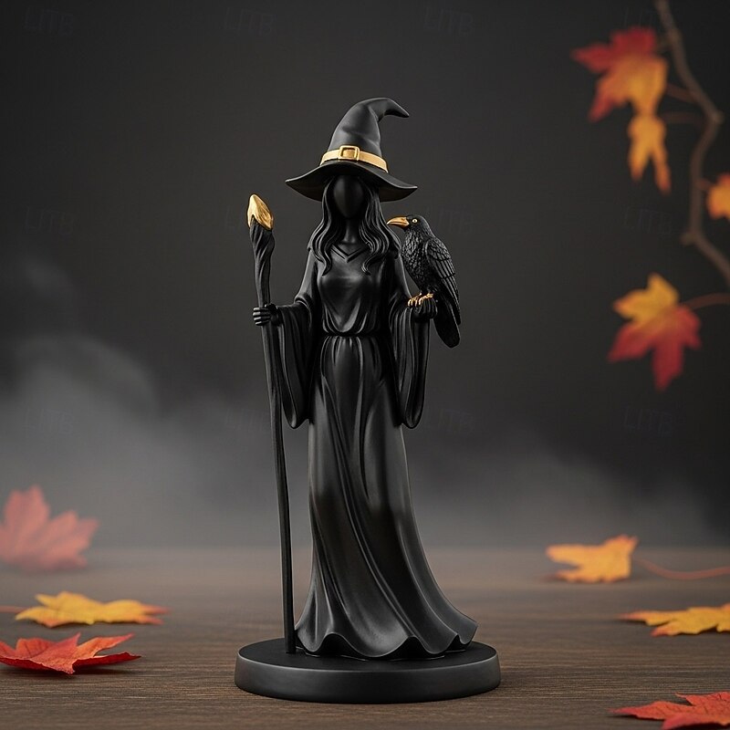 Black Gold Staff Witch Sculpture Elegant Black & Golden Resin Mystical Figurine with Intricate Witch Hat & Staff for Indoor/Outdoor Desktop Ornament4
