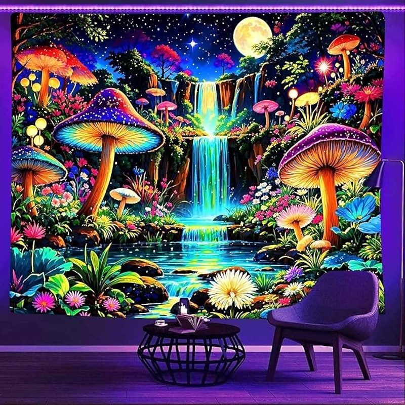 Glow in the Dark Mushroom Forest Tapestry – Psychedelic Blacklight Wall Hanging with Waterfall and Moon for Bedroom or Living Room Decor